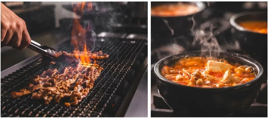 焼かれた肉と、湯気の立つスープの入ったボウルが並んだ写真です。