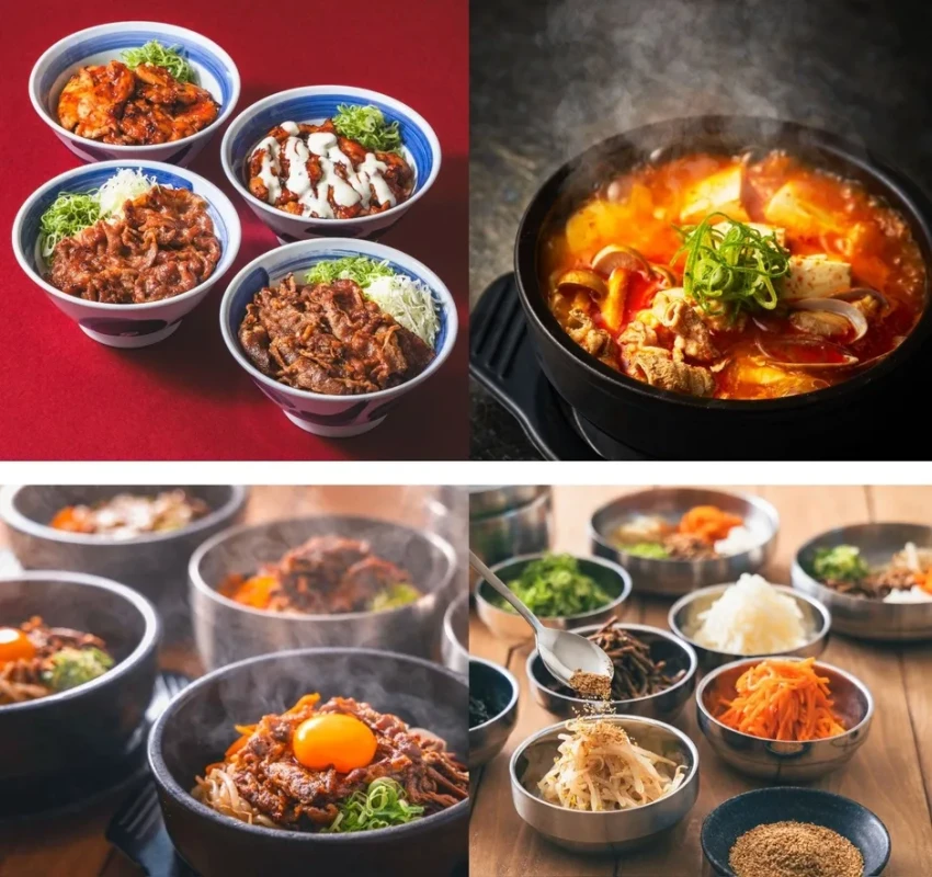 韓国料理のイメージ。様々な種類の丼物、スンドゥブチゲ、ビビンバ、そして薬味が写っています。