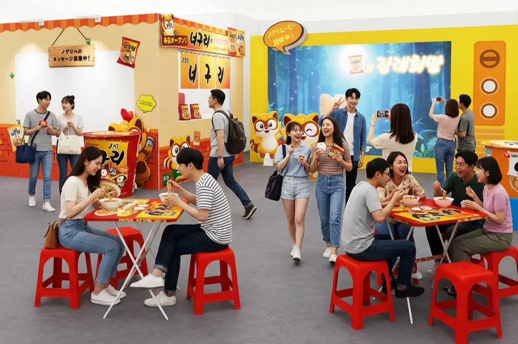 ラーメンのテーマパークで食事を楽しむ人々の様子