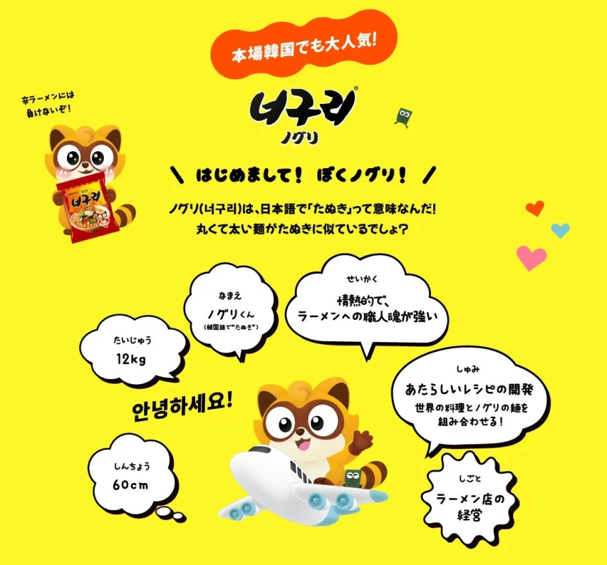 韓国の人気インスタントラーメン「ノグリ」のキャラクター「ノグリくん」を紹介するイラスト